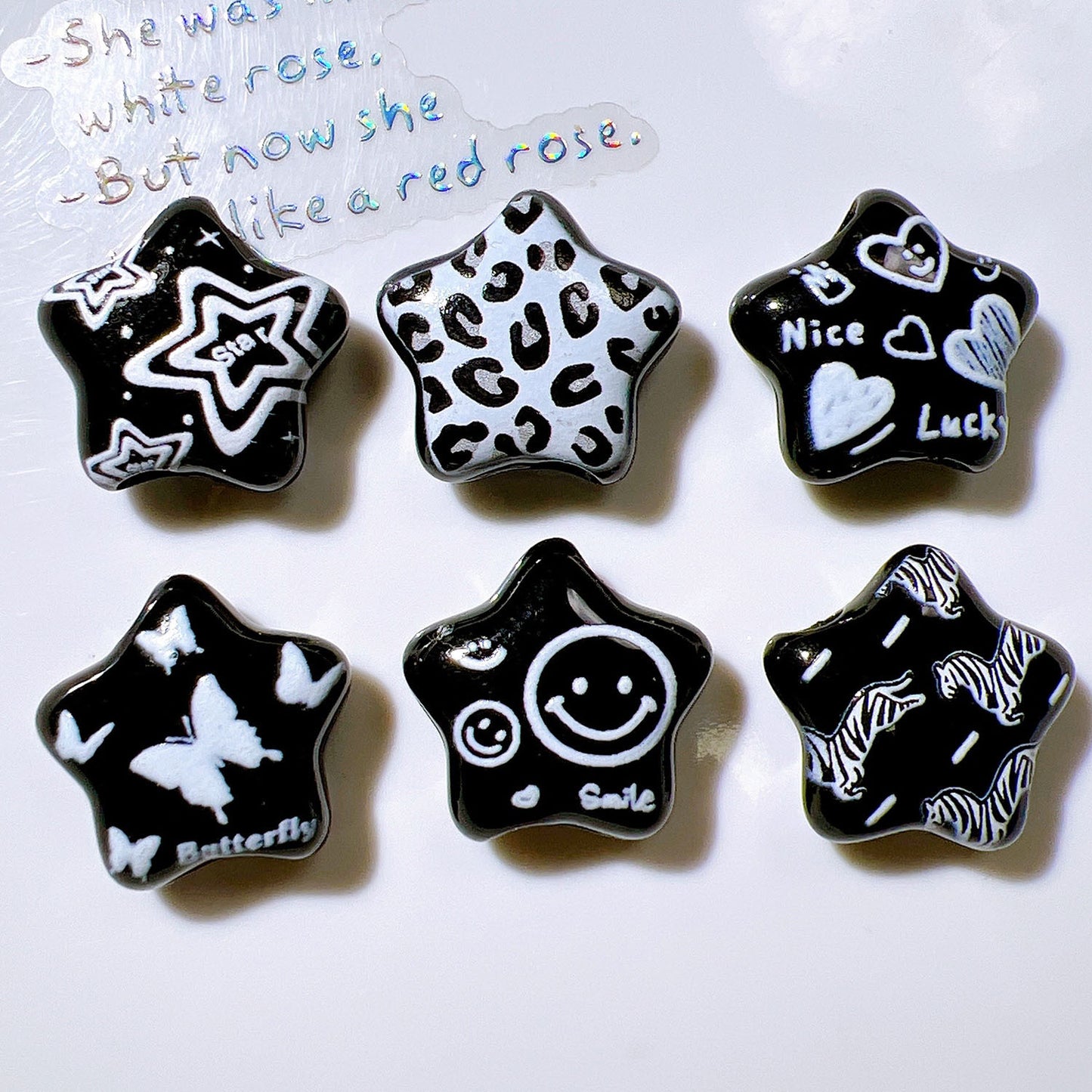 Embossed Star Acrylic Beads 26mm Black and White Tone 10pcs 3