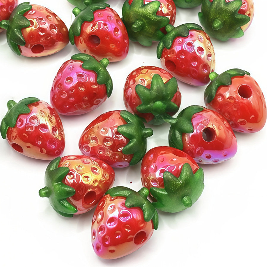 Plating 3D Strawberry Acrylic Beads 23mm Glossy Red Green 10pcs 6