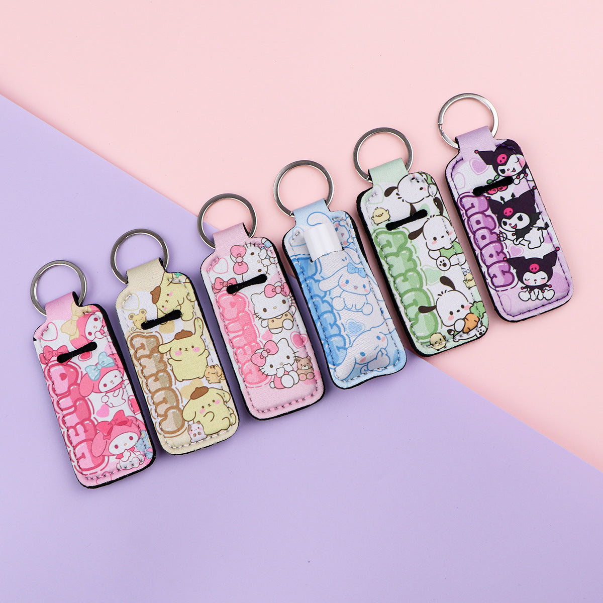 Neoprene Chapstick Holder Keychain Sanri Pattern Kawaii Animal 3pcs 4