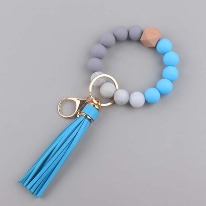 Silicone Beaded Wristlet Keychain with Leather PU Tassel in Pastel Colors 15