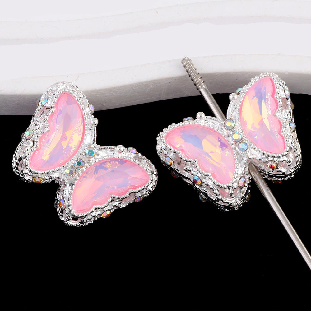 Butterfly Rhinestone Beads 28mm Colorful Silver Alloy 10pcs 19
