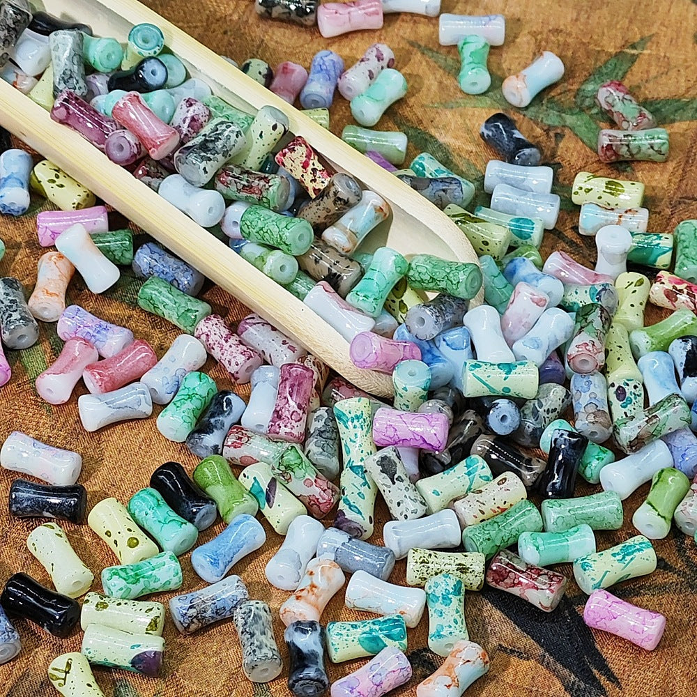 Painted Bamboo Tube Glass Beads 6X12mm Marbled Earth Tone 50pcs 3