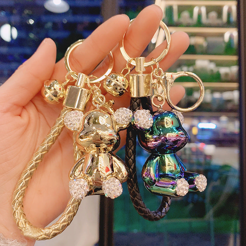 Acrylic Electroplated Bear Keychain with Braided Strap and Crystal Accents