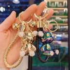Acrylic Electroplated Bear Keychain with Braided Strap and Crystal Accents
