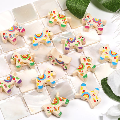 Flower Print Wooden Horse Acrylic Beads 18x23mm Colorful Floral 50pcs 4