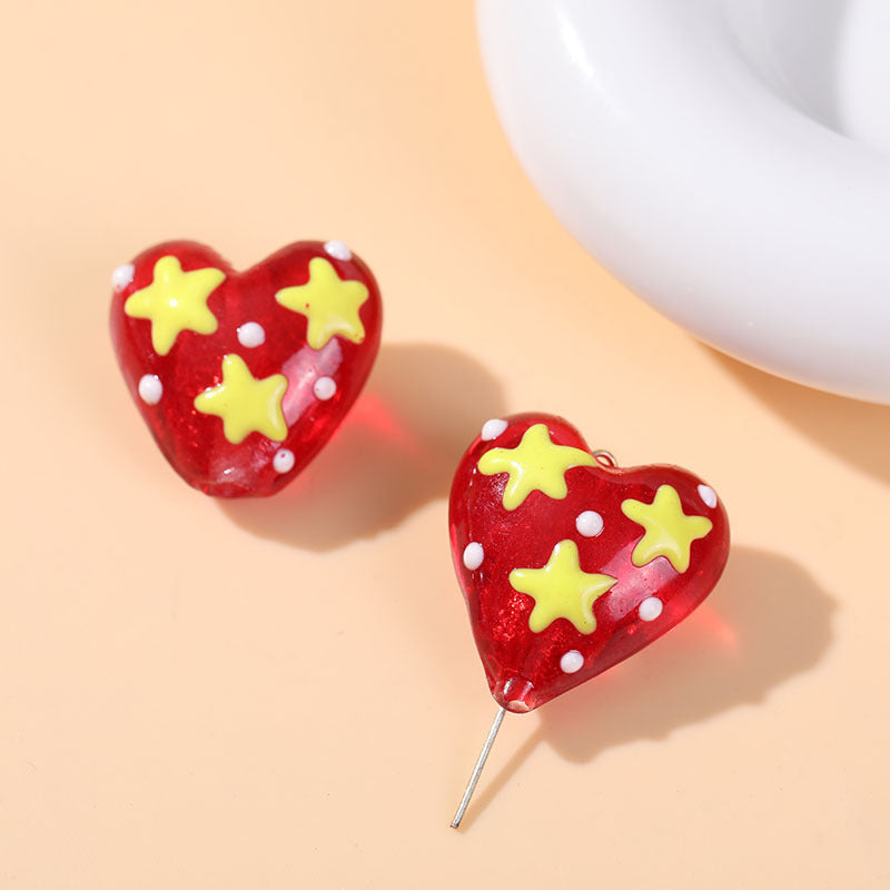Hand Painted Heart Glass Beads 20mm Red Enamel 2pcs 12