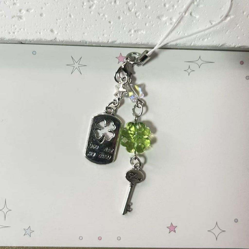 Clear Four-leaf Clover Acrylic Phone Charm with Vintage Key Silver 3pcs 4