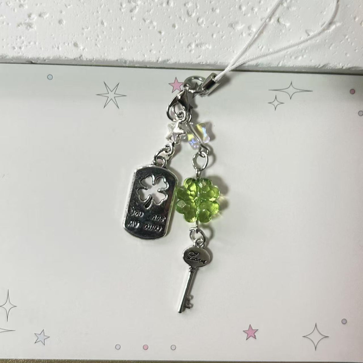 Clear Four-leaf Clover Acrylic Phone Charm with Vintage Key Silver 3pcs 4