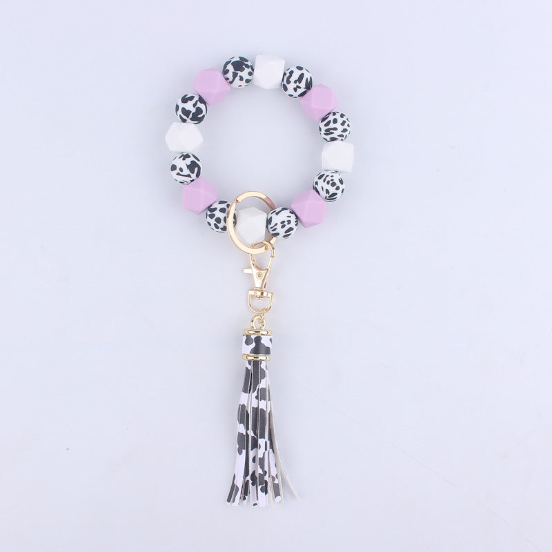 Leopard Print Silicone Bead Tassel Wristlet Keychain 9