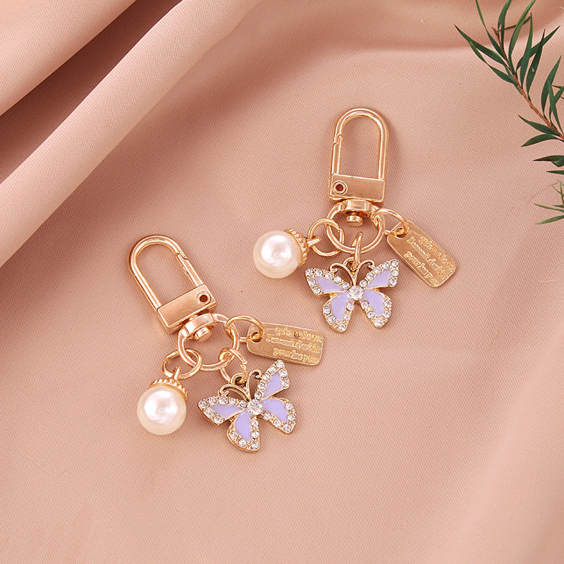 Alloy Butterfly Keychain Cartoon Pearl Crystal Accent Metal 3