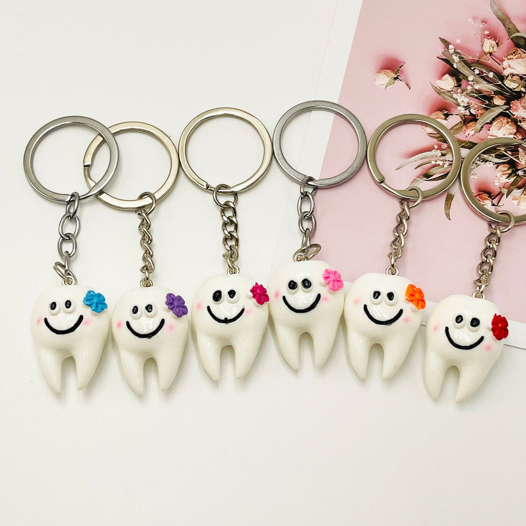 Resin Teeth Keychain Smiling White Tooth with Colorful Flower Charm