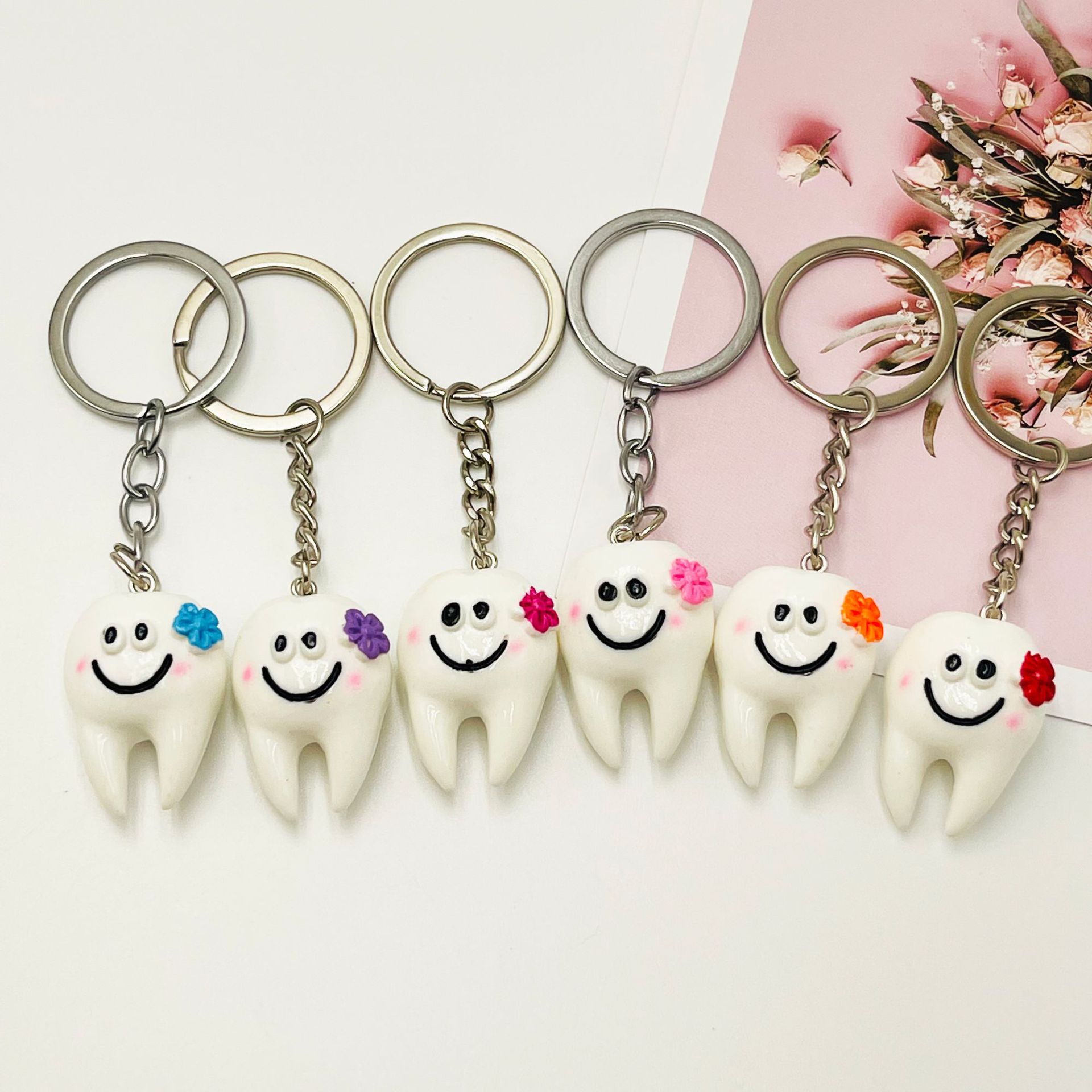 Resin Teeth Keychain Smiling White Tooth with Colorful Flower Charm