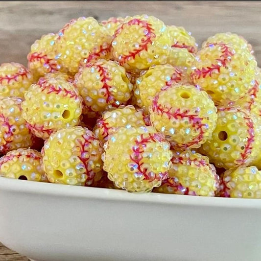 Rhinestone Bubblegum Beads 20mm Yellow Baseball Print 5pcs