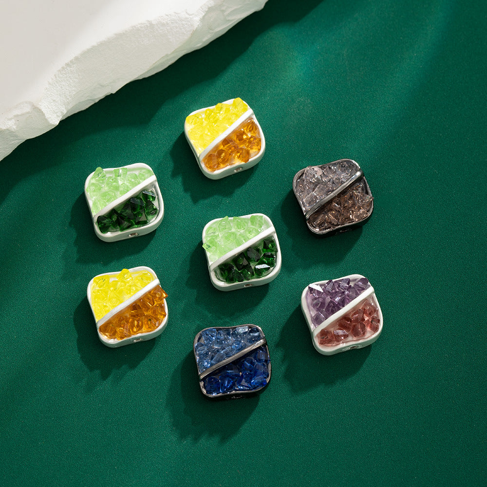 Two Color Square Rhinestone Beads 14mm Fragmented Zinc Alloy 5pcs