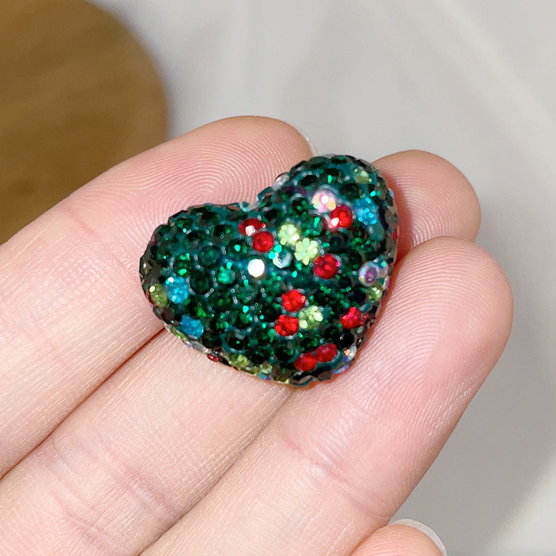 Polymer Clay Heart Rhinestone Beads Christmas Tone 6pcs 4
