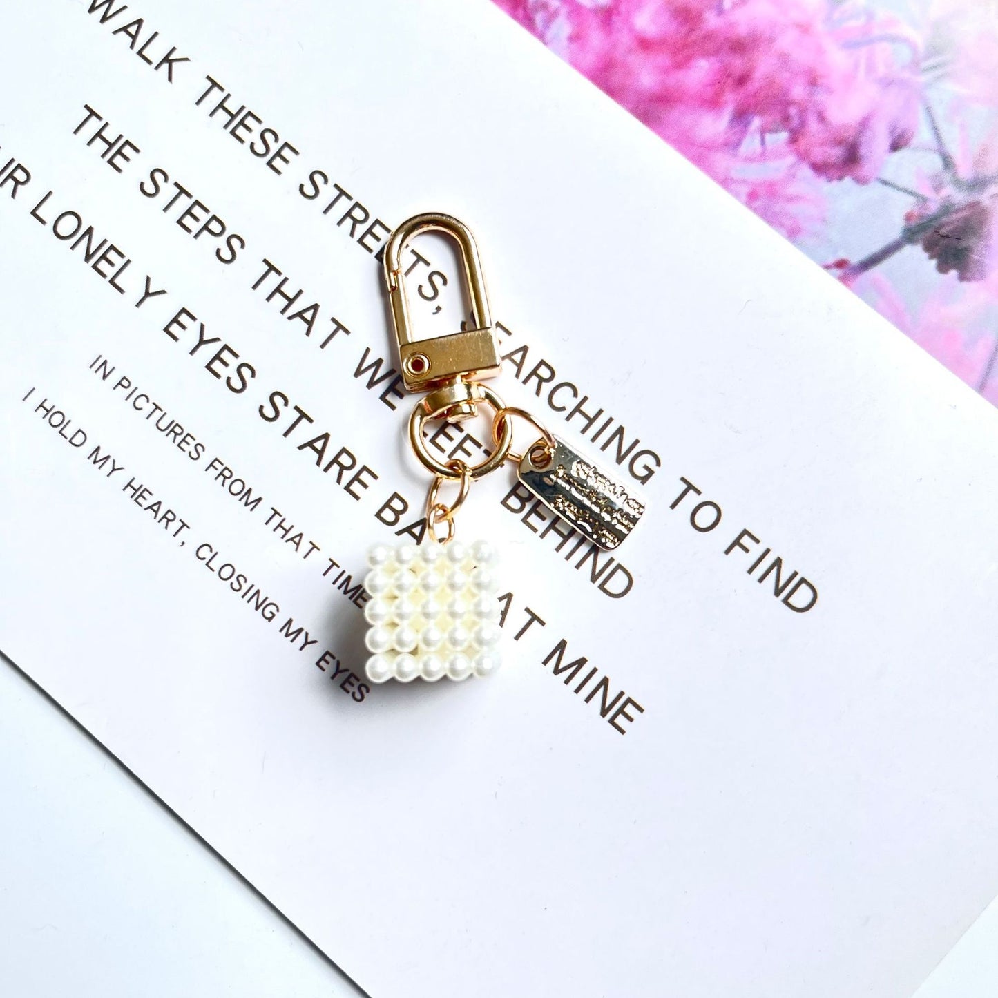 Acrylic Bow Rose Flower Keychain with Pearly Charms and Gold Hardware 12