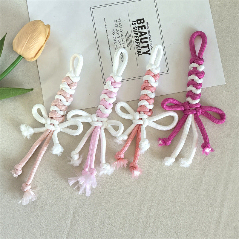 Dual Color Rope Braided Bow Crochet Keychain Polyester 4pcs 75mm