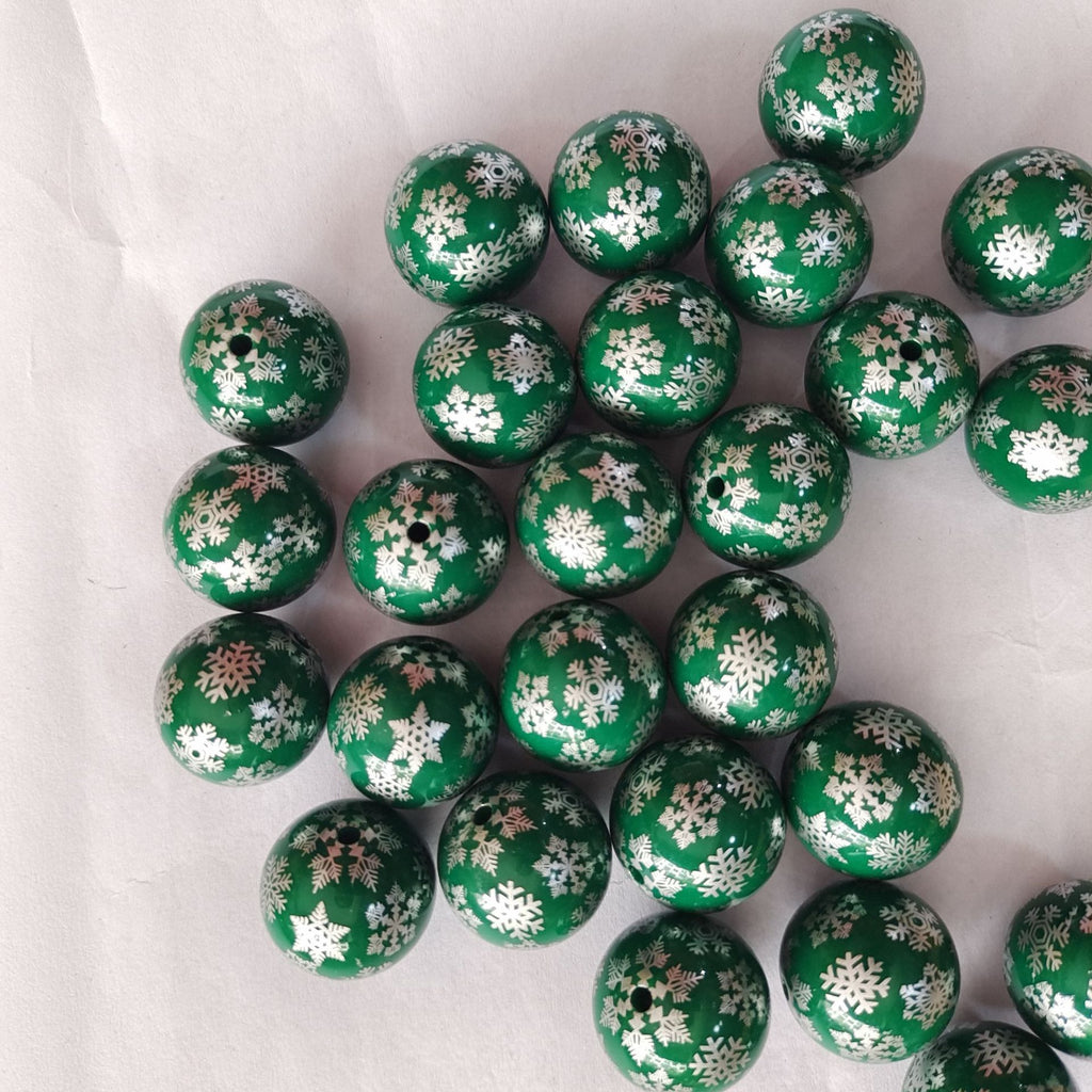 Printed Bubblegum Beads 20mm Deep Green Snowflake Glossy 5pcs 3