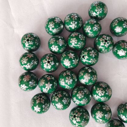 Printed Bubblegum Beads 20mm Deep Green Snowflake Glossy 5pcs 3