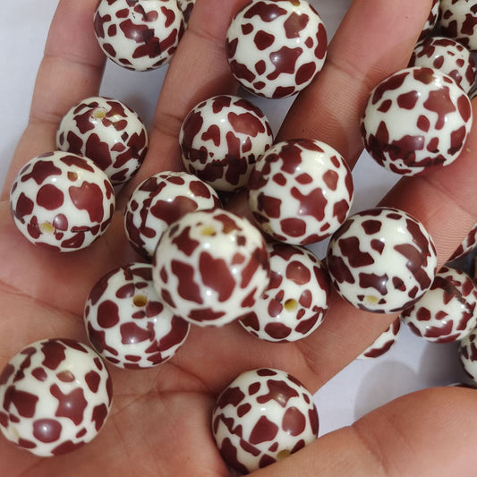 Coffee Colored Bubblegum Beads 20mm Cow Pattern Acrylic 10pcs 2