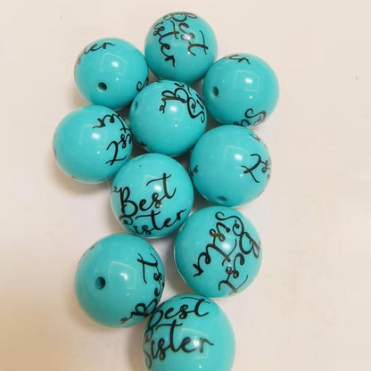 Printed Bubblegum Beads 20mm Blue Best Sister Text 20pcs 3