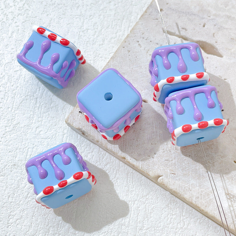 Painted Square Acrylic Beads 2.7mm Hand Drawn Cream Cake Design 10