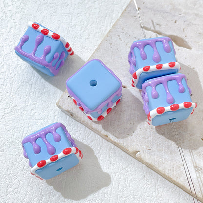 Painted Square Acrylic Beads 2.7mm Hand Drawn Cream Cake Design 10