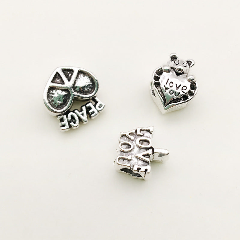 Heart Metal Beads Large Hole Antique Silver Tone 50pcs 4