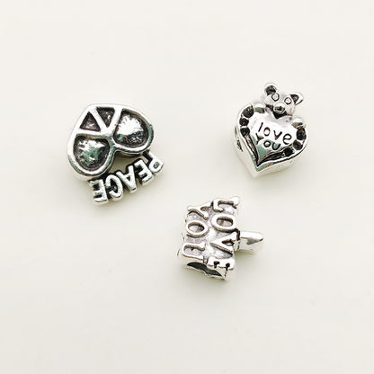 Heart Metal Beads Large Hole Antique Silver Tone 50pcs 4