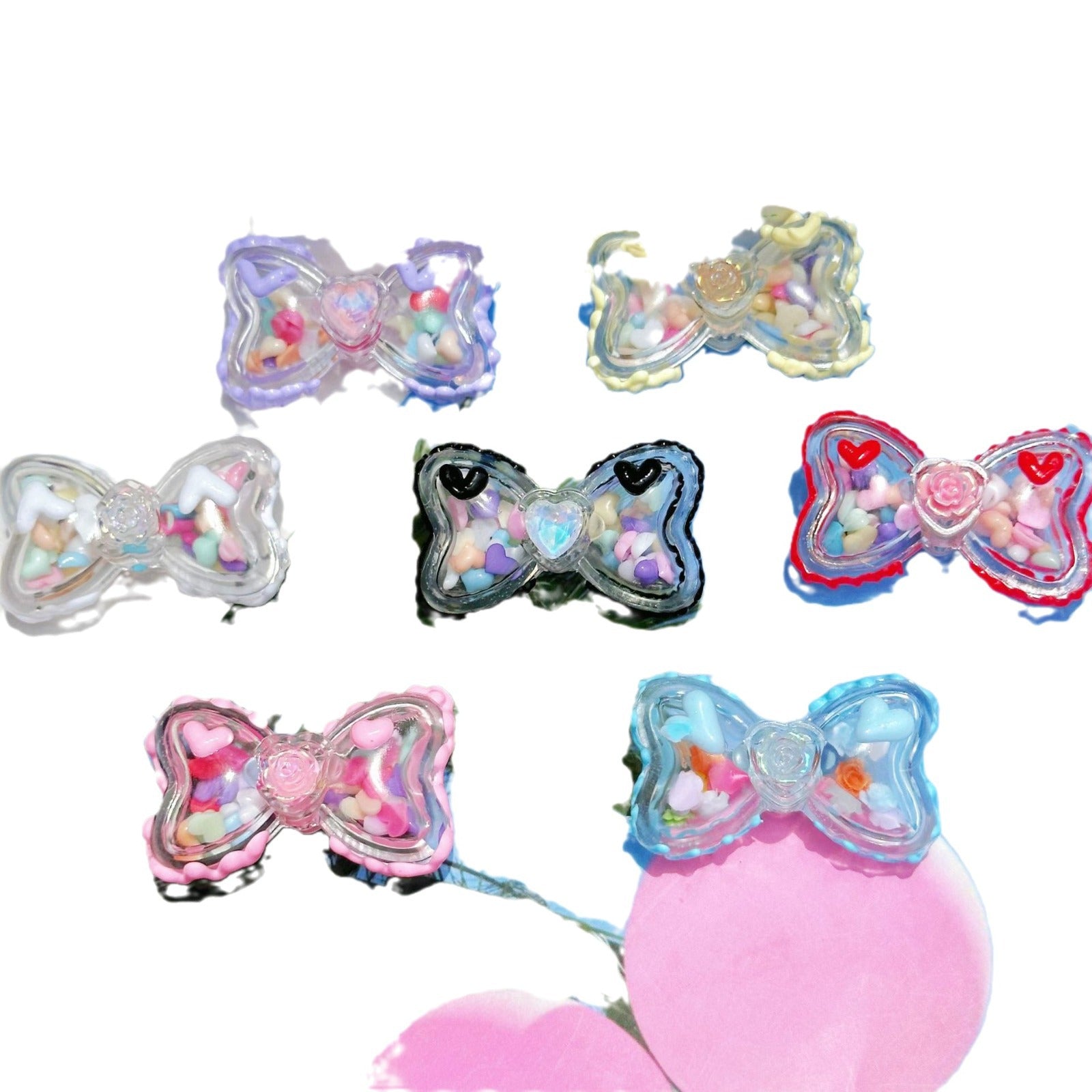 Hand Painted Bow Acrylic Beads 40mm Colorful Heart Design 5pcs 5