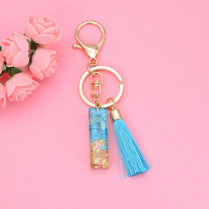 Blue Resin Tassel Monogram Keychain with Gold Flake Accent 37