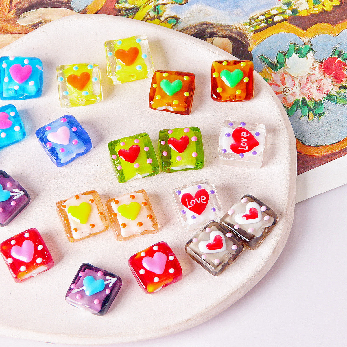 Lampwork Glass Beads Square 15mm Hand Painted Dotted Heart 10pcs 2