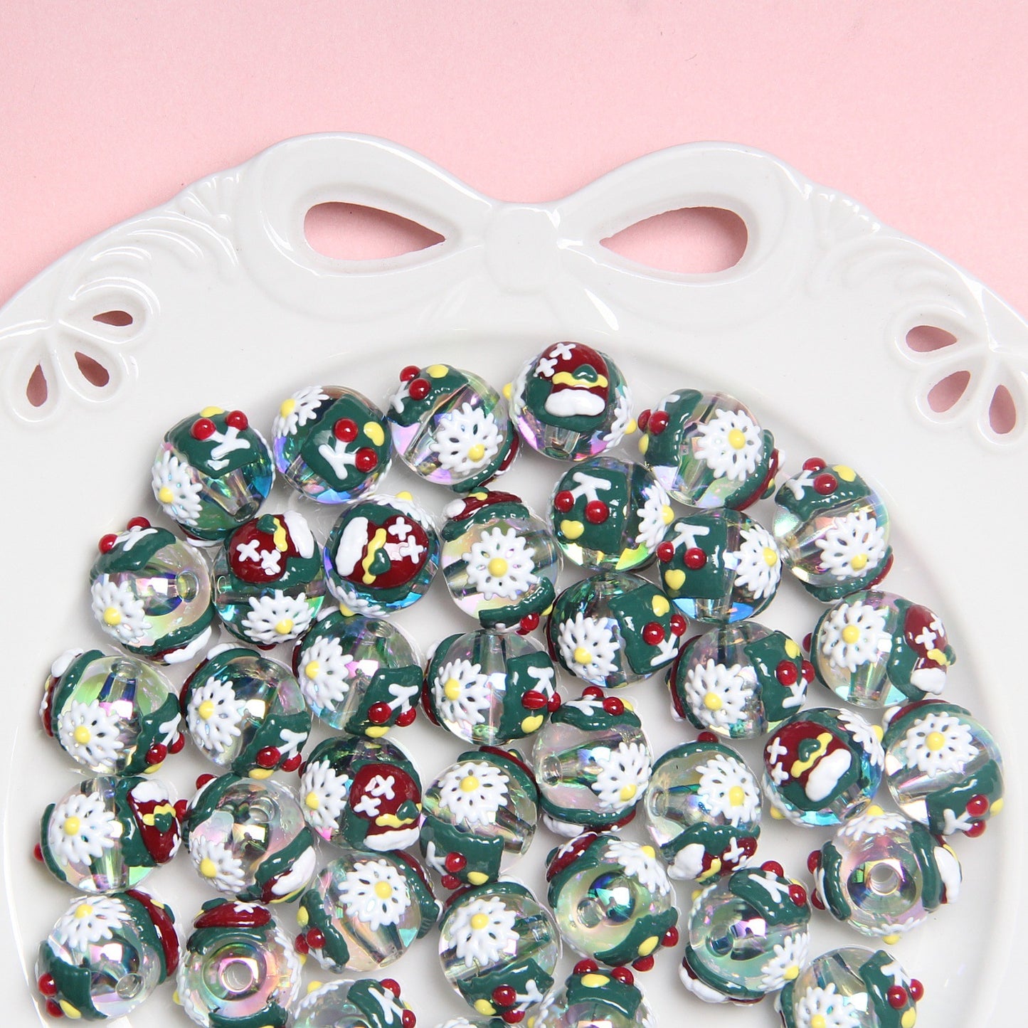 Hand Painted Christmas Tree Snowflake Acrylic Beads 18mm Festive 10pcs 6