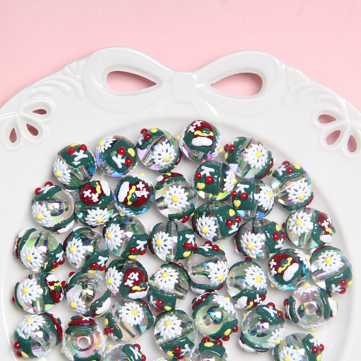 Hand Painted Christmas Tree Snowflake Acrylic Beads 18mm Festive 10pcs 6