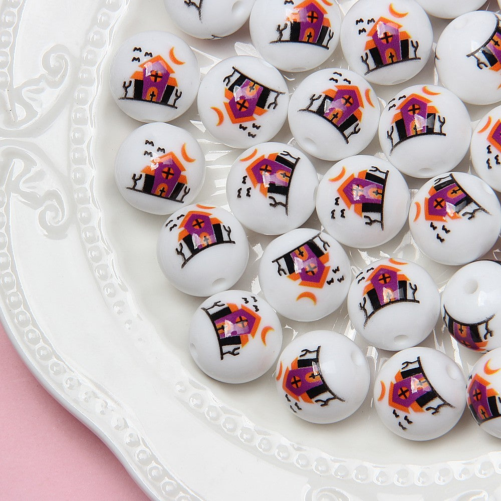 Halloween Printed Acrylic Beads 16mm Pumpkin Ghost Designs 3