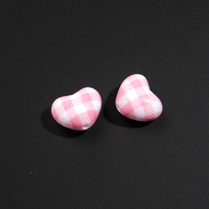 Plaid and Splashed Ink Pattern Heart Acrylic Beads 18mm 20pcs 9