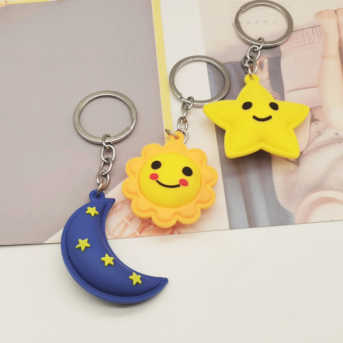 PVC Sun Moon Star Keychain Colorful Weather Shapes with Playful Faces 4