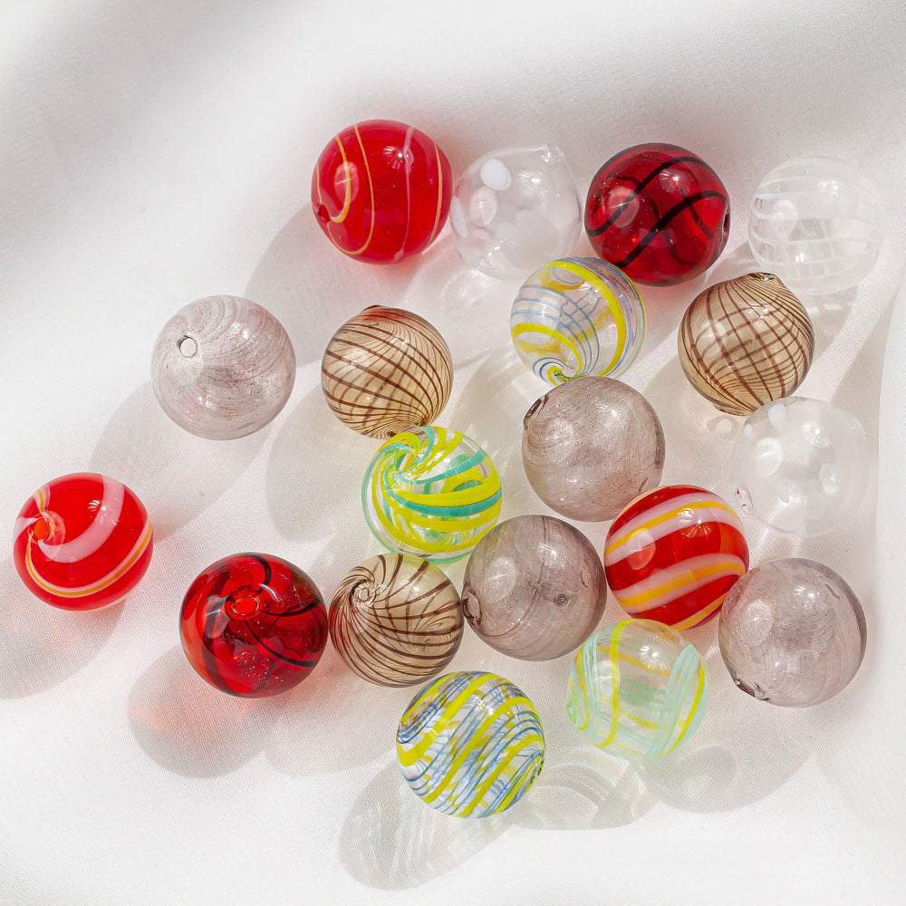 Vintage Hollow Striped Blown Glass Beads 21mm 4pcs