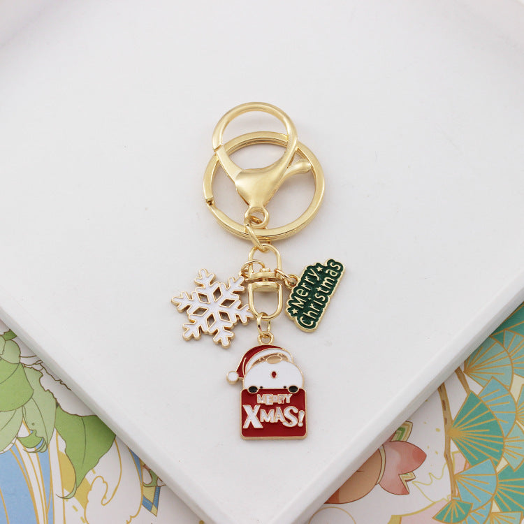 Alloy Christmas Santa Claus Snowflake Keychain Polished Gold Tone 7