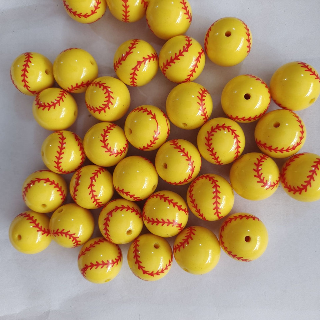 Sports Bubblegum Beads 20mm Yellow Baseball Print 10pcs 3