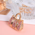 Rhinestone Mini Handbag Metal Keychain Gold Finish Colorful Gems 3