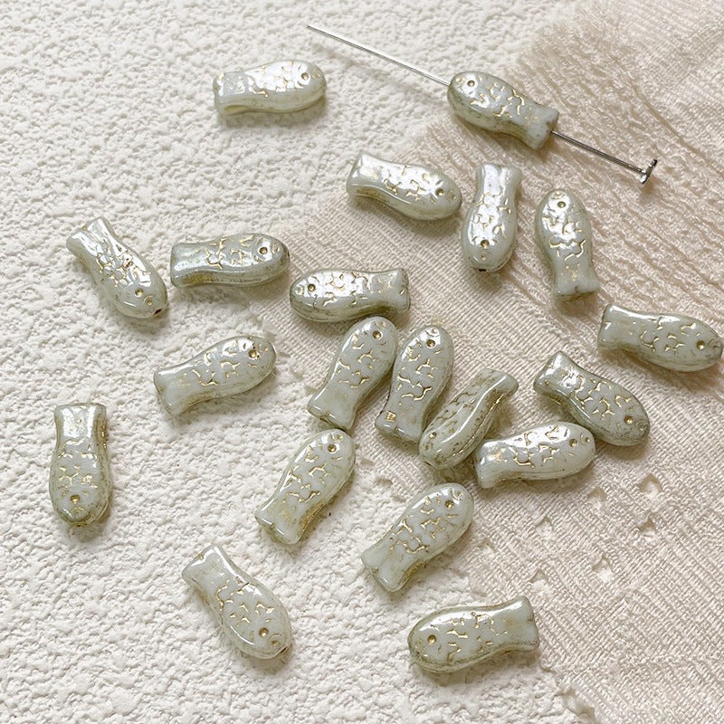 Vintage Gilded Fish Lampwork Glass Beads 7x15mm Pastel Metallic Speckled 10pcs 7