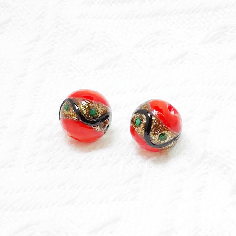 Lampwork Glass Beads Round 12mm Vintage Wavy Line Gold Foil 10pcs 7