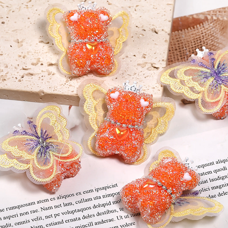Winged Little Bear Rhinestone Beads 25x41mm Sparkling Lace Wings 5pcs 10
