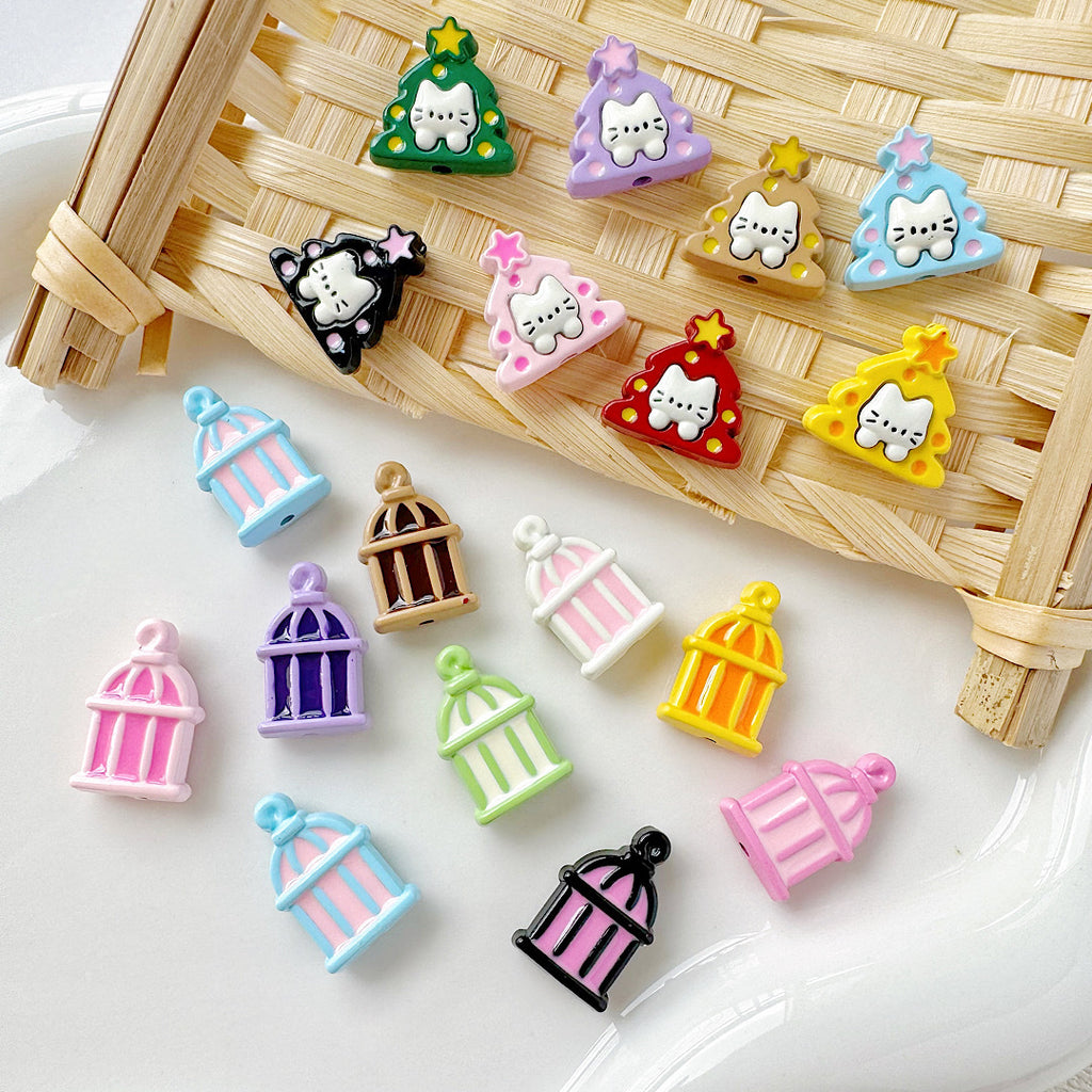 Christmas Tree and Birdcage Metal Beads 13-16mm Baking Painted 10pcs