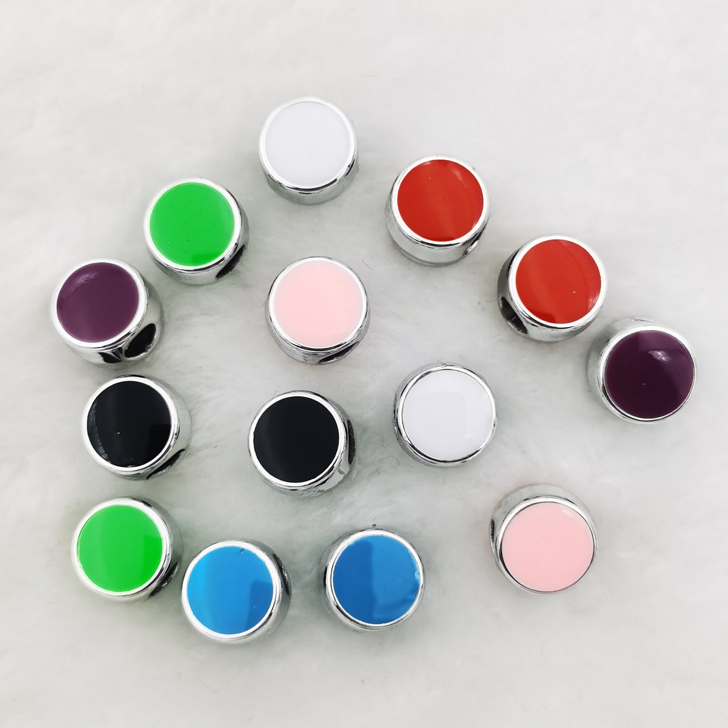 Flat Round Acrylic Beads 12mm Glossy Mixed Colors Silver Frame 50pcs 13