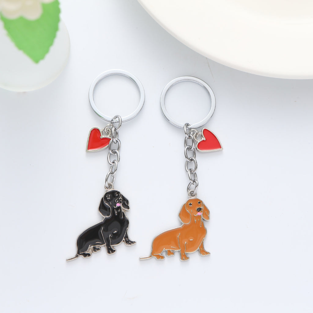 Alloy Dachshund Dog Keychain with Red Heart Charm Pet Lover Gift