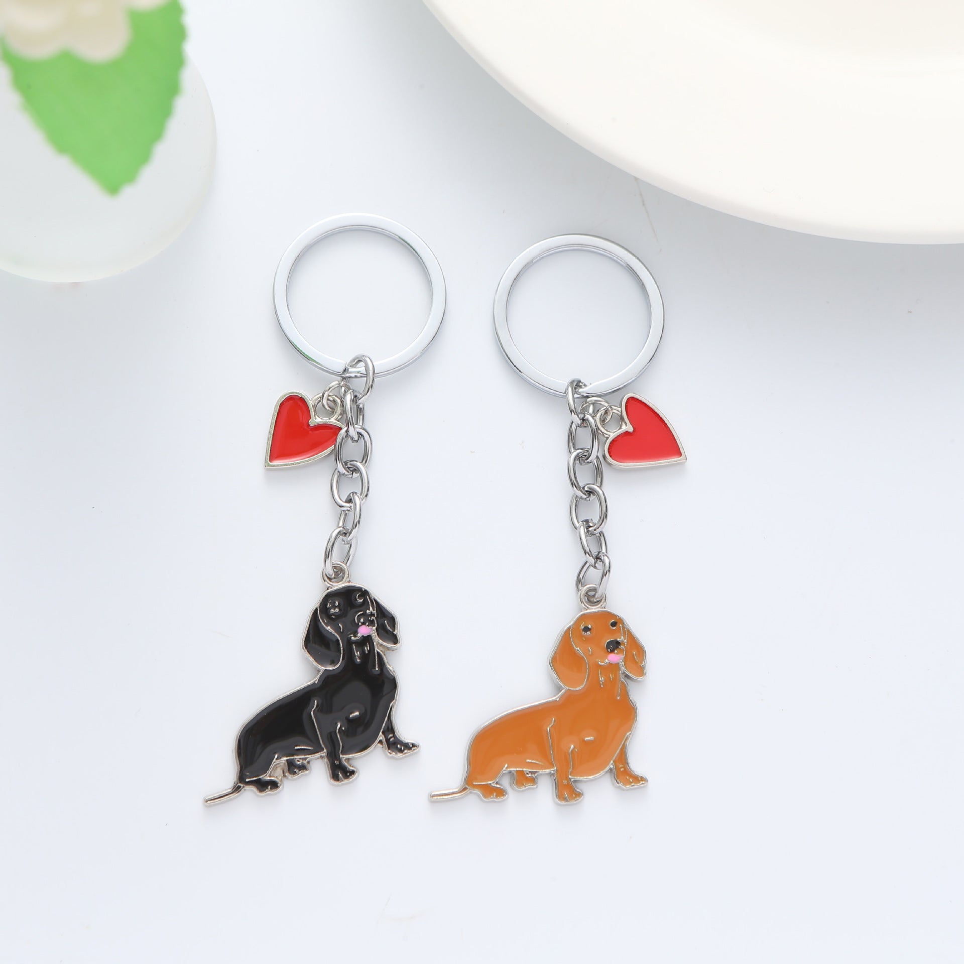 Alloy Dachshund Dog Keychain with Red Heart Charm Pet Lover Gift