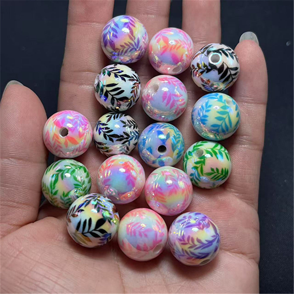 Plating Leaf Acrylic Beads 16mm UV Willow Print 100pcs