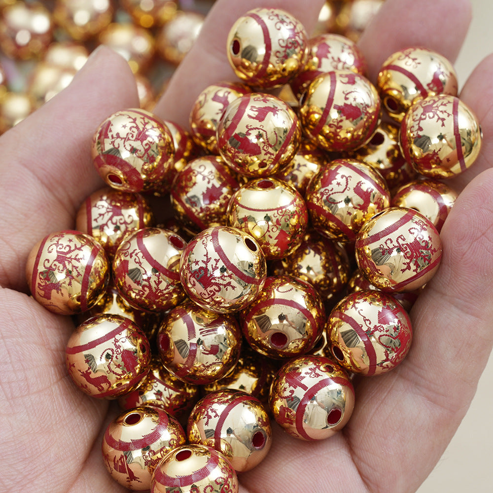 UV Plating Christmas Deer Acrylic Beads 16mm Golden Red Print 10pcs 2